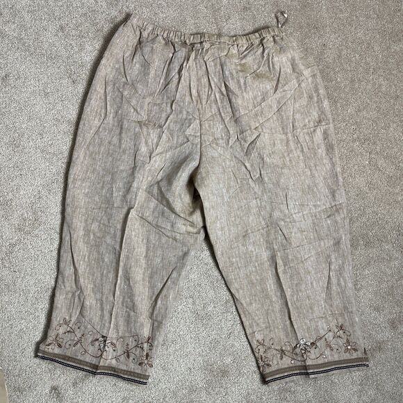 dressbarn 100% Linen Capri Embellished Beaded Legs Pants Pull On Size 20w Beige‎ - Picture 8 of 13